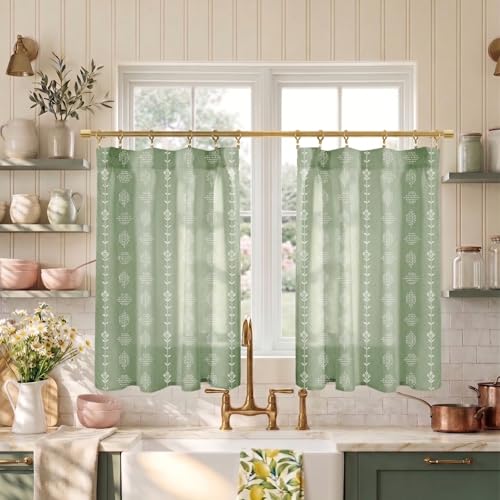 Lino Rosa Short Curtains for Windows Bathroom Bedroom,Green Boho Cute Aesthetic Farmhouse Sheer RV Window Curtains - color: Sage, size: 24"W x 36"L (Pack of 2)