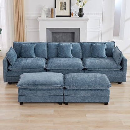 111'' Sectional Cloud Deep Seat Couch, Oversized Chenille U Shaped Sectional Sofa for Living Room Set, Comfy Upholstered Modular 5-Seats Sectional Sofa Couch with 2 Movable Ottoman, Blue - color: Blue, size: 111'' U Shape