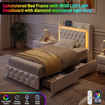 Twin Bed Frame with LED Lights & Charging Station, Upholstered Bed Frame Twin Size with Storage Headboard & 2 Drawers, Diamond Tufted, Curved Wingback, PU Leather, No Box Spring Needed, White - color: White, size: Twin