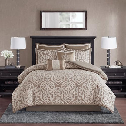 Madison Park Odette Cozy Comforter Set Jacquard Damask Medallion Design - Modern All Season, Down Alternative Bedding, Shams, Decorative Pillows, Queen(90 in x 90 in), Tan 8 Piece | All Season Down Alternative Bedding with Comforter, Shams, Bed Skirt, Dec