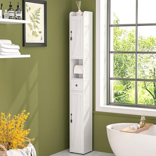 VECELO Tall Narrow Storage Cabinet with Adjustable Shelves, Slim Freestanding Bathroom Cabinet with Toilet Paper Holder, 2 Magnetic Doors & Drawer, for Small Spaces, 7.9" D x 7.9" W x 67" H, White - color: Cabin Top
