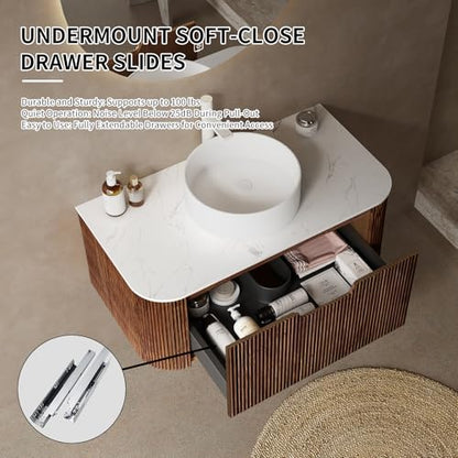 24” Floating Bathroom Vanity with Sink, Fluted Wall-Mounted Solid Wood Cabinet, White Ceramic Round Basin, Faux Marble Top, Soft-Close Drawer, Pre-Assembled, Walnut Woodgrain - color: 04 - Walnut Woodgrain, size: 24"