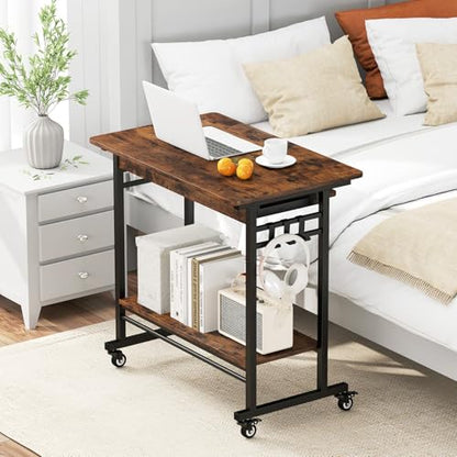 Tangkula Rolling Computer Desk Cart with Keyboard Tray, Mobile Portable Laptop PC Desk with CPU Stand & 3 Hooks for Sofa & Bed, Industrial Small Desk on Wheels for Small Spaces, Home Office Desk - color: Rustic Brown