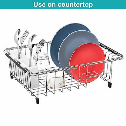 Expandable Multifunctional Dish Drying Rack, Over The Sink, in Sink Or On Counter Dish Drainer Rack Organizer Shelf with White Utensil Silverware Holder, Rustproof Stainless Steel - color: White