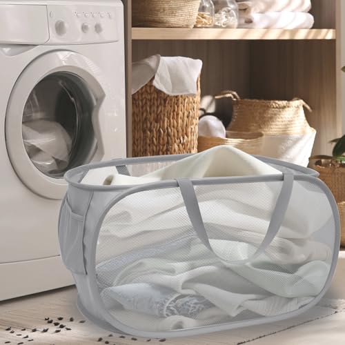 Collapsible Laundry Hamper Basket,Pop Up Mesh Foldable Bag for Laundry Room | folding horizontal laundry durable baskets with handles & side pocket travel for bathroom,Kids room,college dorm(Double Grey) - color: Double Grey