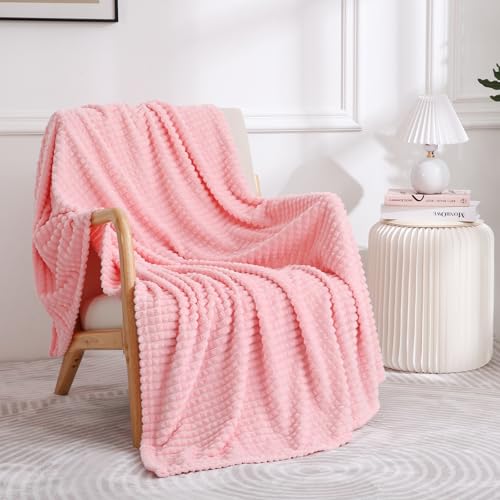 Puncuntex Fleece Throw Blanket Light Pink 50"×60" with Square Grid Design | Super Soft Plush Cozy Flannel Throw Blanket Luxury for Couch Sofa Chair - color: Light Pink, size: 50"×60"