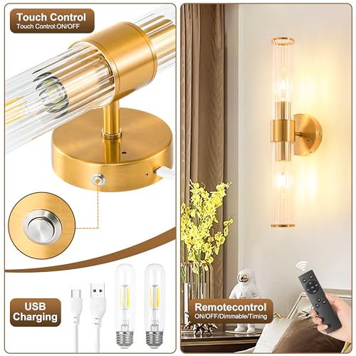 Morauroral Brushed Gold Battery Operated Wall Sconce, Dimmable Rechargeable Wall Light with Remote, Touch Control, Modern LED Wireless Sconce for Living Room, Bedroom, 20 Inch - color: Brushed Gold（1 Pack）