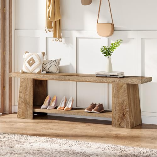 Tribesigns 2-Tier Entryway Bench, 59-Inch Extra Long Shoe Bench with Storage Shelves, Wood End of Bed Seat, Farmhouse Hallway Foyer Seat with Open Shelves for Entryway, Bedroom, Living Room, Natural