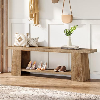 Tribesigns 2-Tier Entryway Bench, 59-Inch Extra Long Shoe Bench with Storage Shelves, Wood End of Bed Seat, Farmhouse Hallway Foyer Seat with Open Shelves for Entryway, Bedroom, Living Room, Natural