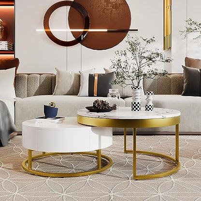 Modern Round Nesting Coffee Table with Drawers for Living Room in White - color: Golden+white