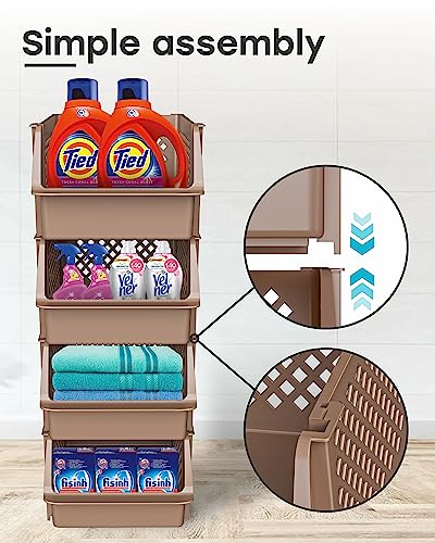 TidyFriend Plastic Stackable Storage Bins for Pantry, 4 Pack Stackable Bins For Organizing Food, Kitchen, and Bathroom Essentials (Brown) | Sturdy Plastic, Easy Stacking, Open Front Access, Ventilated Sides, Vertical & Space Saving Pantry Organizers and S