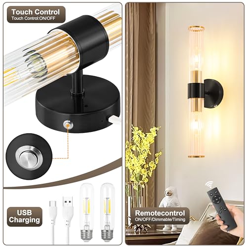Morauroral Black Gold Battery Operated Wall Sconce, Rechargeable Wall Lights with Remote, 20 Inch Modern Wireless Wall Lamp for Bedroom, Living Room with Clear Glass Shade (Bulbs Included) - color: Gold（1 Pack）