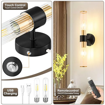 Morauroral Black Gold Battery Operated Wall Sconce, Rechargeable Wall Lights with Remote, 20 Inch Modern Wireless Wall Lamp for Bedroom, Living Room with Clear Glass Shade (Bulbs Included) - color: Gold（1 Pack）