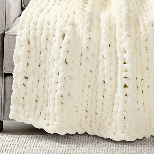 Lush Decor Hygge Ultra Soft Cozy Chenille Chunky Knit Throw Blanket Single 40" W x 50" L Ivory - Cream Throw Blankets for Bed - Cozy Couch Blanket - color: Ivory, size: 50" x 40"