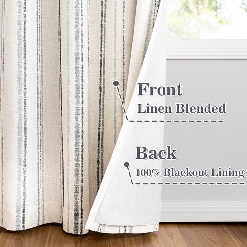 MYSKY HOME Striped Curtains 63 Inches Long 100% Blackout Grey Ticking Stripe Pinstripe Print Linen Blend Double Layer Farmhouse Curtains for Bedroom Pinstripe Drapes, Grommet, 2 Panels, 52" Wide - color: Grey/Blackout, size: 52"W x 63"L (Pack of 2)