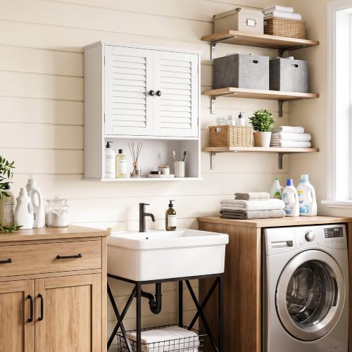 Bathroom Wall Cabinet with Adjustable Shelf, White 25" x 24" Medicine Cabinet with Louvered Doors, Over Toilet Storage Cabinet, Wall Mounted Bathroom Organizer for Bathroom, Laundry Room - size: 24.8" x 23.6" x 8.3"