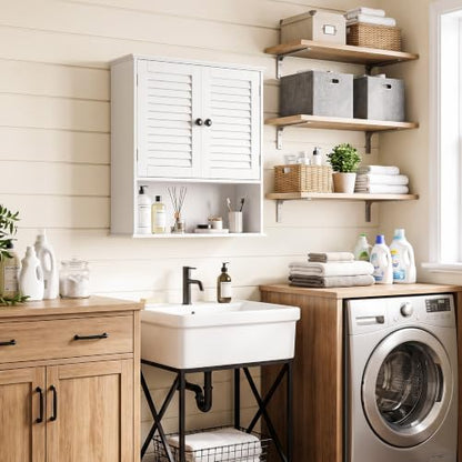 Bathroom Wall Cabinet with Adjustable Shelf, White 25" x 24" Medicine Cabinet with Louvered Doors, Over Toilet Storage Cabinet, Wall Mounted Bathroom Organizer for Bathroom, Laundry Room - size: 24.8" x 23.6" x 8.3"