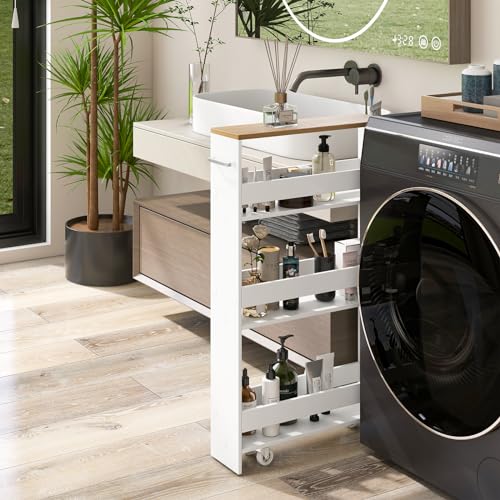 Slim Storage Cart, 4-Tier Rolling Cart with Handle & Wooden Top for Kitchen Bathroom Laundry Living Room Narrow Small Spaces, 5 Inches Width (White & Natural) - color: White & Natural