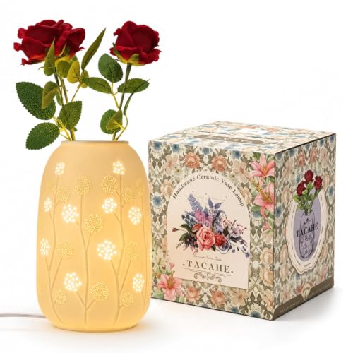 Ceramic Vase Table Lamp - 2700K Bulb & 3 Artificial Flowers Included | Handmade Openwork Craft - Inline Switch - E12 Socket - Dandelion 9" - style: Dandelion