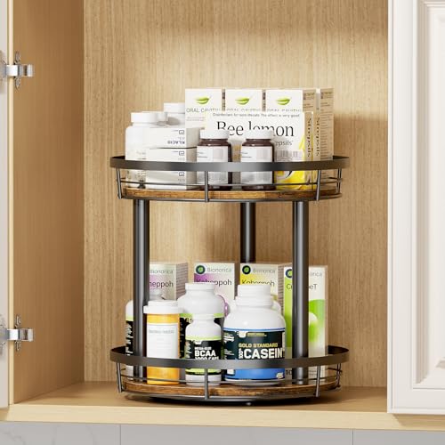 LAMU 10'' Wood Lazy Susan Spice Rack Organizer, 2 Tier Spice Organization for Cabinet, Countertop, Kitchen, Table Top, Pantry, Condiment and Seasoning Rack Organizer - size: 2 Tier 10 in