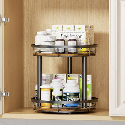 LAMU 10'' Wood Lazy Susan Spice Rack Organizer, 2 Tier Spice Organization for Cabinet, Countertop, Kitchen, Table Top, Pantry, Condiment and Seasoning Rack Organizer - size: 2 Tier 10 in