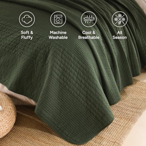 100% Cotton Queen Green Quilt Set, Striped Quilted Bedspread | Soft Lightweight Bedspreads Coverlets Set with 2 Pillow Shams, All Season Use, Soild Bedding for Bedroom, Guest Room, 90"x96" - color: 와이드스티치-아미 그린, size: 퀸(90 x 96인치)