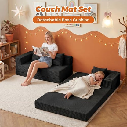 6-in-1 Boneless Couches Modular Sectional Sofa | Cloud Couch Sectional & Tri-Folding Mattress | Corduroy Pet-Friendly Convertible Sofa Bed with 800LB Capacity Living Room, Apartment, Guest Room - color: Black