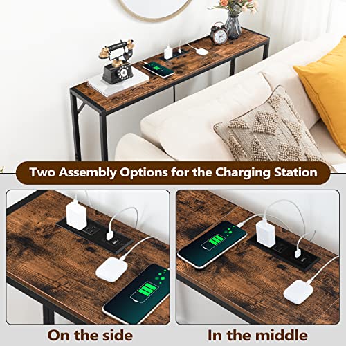 MAHANCRIS 43.7" Console Table with Outlet, Narrow Sofa Table with 2 Shelf | 2 Tier Behind Couch Table, Charging Station, Steel Frame, for Entryway, Living Room, Foyer, Hallway, Office, Rustic Brown - color: Rustic Brown