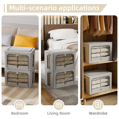FHSQX 3 Pack Clothes Storage Bins, Light Gray, 16.5x12.2x12.2inch (40L) | Foldable Metal Frame, Stackable, Linen Fabric, Carrying Handles, Clear Window - color: Light Gray, size: 16.5x12.2x12.2inch(40L)