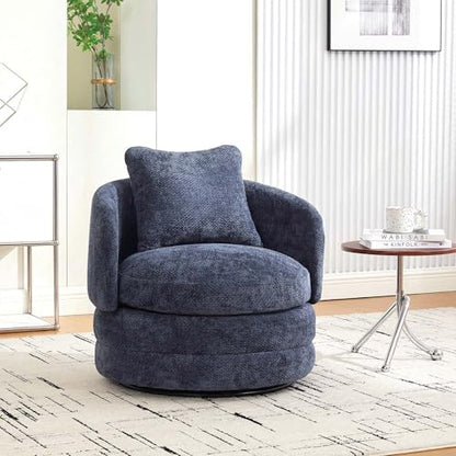 360° Small Swivel Accent Chair, Round Swivel Barrel Chair with Round Backrest & Wide Seat, Comfy Chenille Barrel Chairs for Living Room, Bedroom Easy 15-Min Assembly, Boucle (Navy) - color: Navy