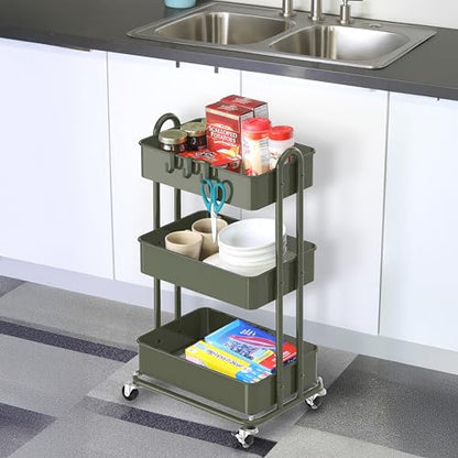 Simple Houseware 3-Tier Heavy Duty Metal Utility Rolling Cart, Army Green - color: Army Green