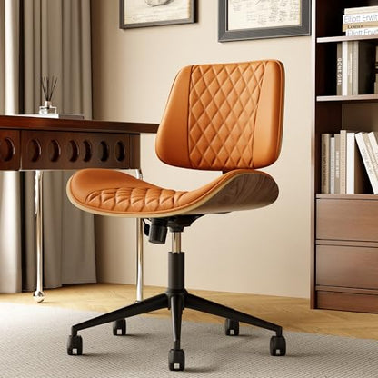 Armless Desk Chair with Wheels, PU Leather Rolling Office Chair, Adjustable Height Mid Back Computer Chair, Ergonomic Walnut Curved Seat, 360° Swivel Home Office Chair for Small Spaces(Half-Orange) - color: Half-orange