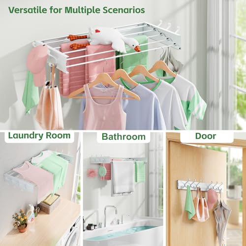 Wall Mounted Drying Rack 31.5", Foldable Clothes Drying Rack with 6 Towel Hooks and 5 Rods for Hanging Clothes, Space Saving Laundry Rack for Indoor Outdoor Bathroom Balcony Laundry Room(31.5") - size: 31.5''