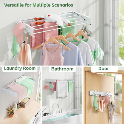 Wall Mounted Drying Rack 31.5", Foldable Clothes Drying Rack with 6 Towel Hooks and 5 Rods for Hanging Clothes, Space Saving Laundry Rack for Indoor Outdoor Bathroom Balcony Laundry Room(31.5") - size: 31.5''