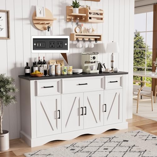 56" White Modern Farmhouse Sideboard Buffet Cabinet with Charging Station | 4 Doors 3 Drawers, Adjustable Shelves & Soft Close Hinges, Coffee Bar Cabinet for Kitchen Living Room Entryway, Easy Assembly - color: White, size: 3 drawers and 4 doors