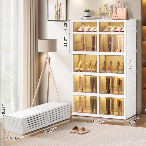 CIMLORD 5-Tier Foldable Shoe Rack Organizer for Boots, 20 Pairs, White | Collapsible Large Plastic Shoe Cabinet Storage, Fits Tall Boots, Stackable with Lids, Easy Assembly, for Closet & Entryway - size: 5 Tiers 20 Pairs