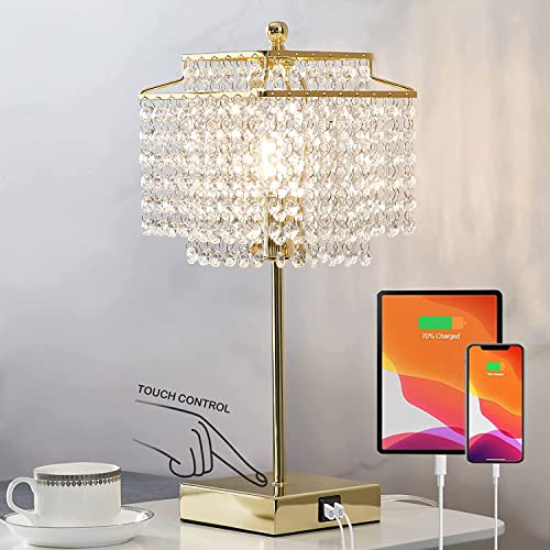 Luvkczc Crystal Touch Table Lamp, Bedside Lamps with with USB C+A Ports, Gold Bedroom Lamp, Dimmable Lamp with Crystal Shade, Nightstand Lamps for Bedroom, Living Room, Bulb Included - color: Gold01