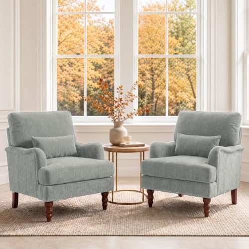 Mid-Century Modern Accent Chair with Lumbar Pillow, Light Grey, 2 Pack | Upholstered Chenille Armchair, Solid Wood Frame & Legs, Comfy Reading Lounge Sofa for Living Room Bedroom, & Small Spaces - color: Chenille Light Grey, size: 2 Seat