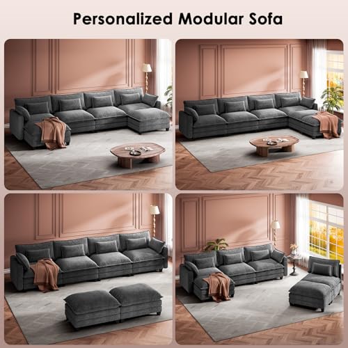 Marsail Modular Sectional Sofa 145.6" U-Shaped Modern Comfy Cloud Couch, 6-Seat Chenille Deep Seat Sofa with Throw Pillow & Movable Ottoman for Living Room, Bedroom and Apartment, Grey - color: Grey, size: 145.6" - U Shape
