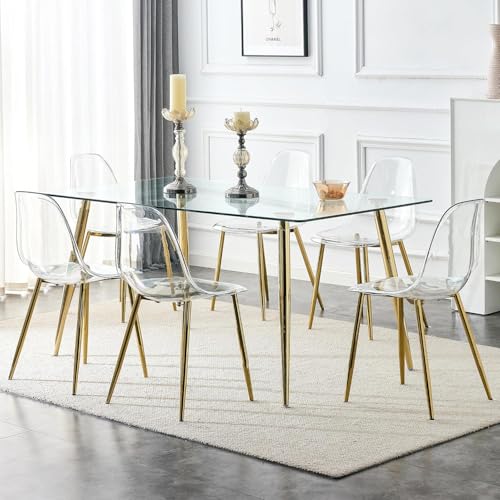Baysitone Clear Dining Chairs Set of 6, Modern Kitchen Chairs with Transparent Seat, Acrylic Accent Side Chairs with Golden Plating Metal Legs for Dining Room, Kitchen, Living Room - color: Golden, size: Set of 6