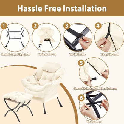 Youtanic Lazy Chair with Folding Ottoman, Accent Chair Velvet Upholstered with Metal Structure and Non-Slip Pads, Sofa Armchair with Footrest and Side Storage Bag for Dorm, Room, Office, Beige - color: Beige