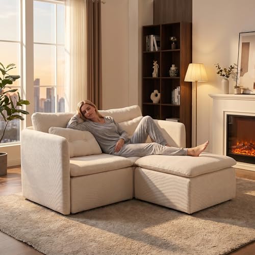 HNY 56.5" Modern Loveseat Sofa, Beige | 2-Seat Button Tufted Love Seat, Deep Seat Chenille Fabric With Pillow, Small Couch for Bedroom, Apartment, Home Furniture - color: Beige, size: 2 Seater-L Shape