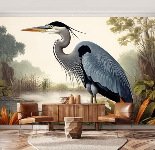 Wall Mural Egret Heron Bird White Painting Blue Audubon Great Animal Water Plants Peel & Stick Wallpaper Removable Self-Adhesive Large Wall Sticker Wall Decor for Bedroom Living Room Nursery 69"x96" - color: Multi8, size: 69"x96"