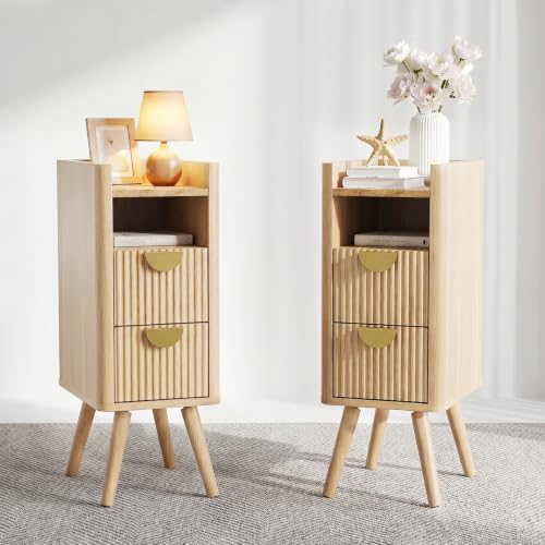 Narrow Nightstand with Drawers, Tall Skinny Bedside Table Dorm Oak | Small Side Table Set of 2 for Bedroom, Slim End Table for Livingroom, Boho Style Marble Nightstand - color: Oak, size: 2
