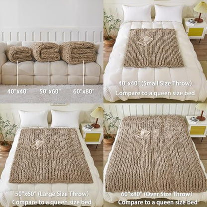 WESHIONGOO Chunky Knit Blanket Throw for Couch Bed 51"×63" Brown | 100% Handmade Knitted Throw blanket Fluffy Soft Blanket With Jumbo Chenille Yarn Thick - color: Brown, size: 51"x63"(Large Size Throw)