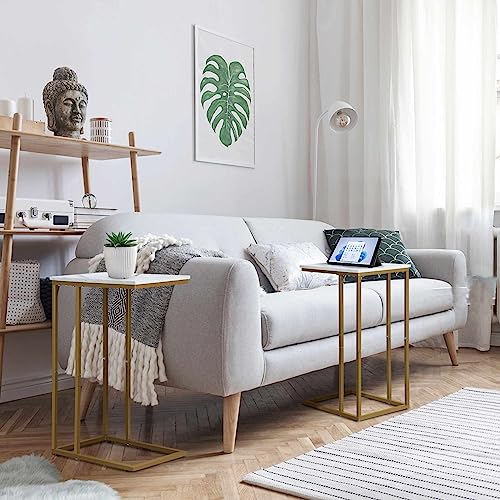 Possile C Shaped End Table Set of 2, Small Side Table for Sofa and Bed, Couch Tables That Slide Under, Snack Side Table for Living Room, Bedroom, White Faux Marble and Gold - color: Gold