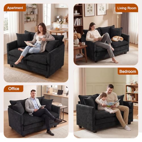 50'' Loveseat Sofa Set, Small Couch Set 2 Piece Cloud Love Seat with 27" Deep Seat Washable Chenille Pillows Couches for Small Spaces Apartment Living Room, Black - color: Black, size: 50"+50"
