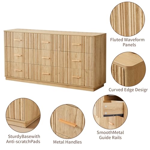 Fluted 9 Drawer Dresser,59"Wide Modern Chest of Drawers with Sturdy Base,Wood Closet Organizers,TV Stand,Storage Dresser with 9 Deep Drawers for Bedroom Living Room Hallway Entryway Nursery(Natural) - color: 9 Drawer Dresser Natural