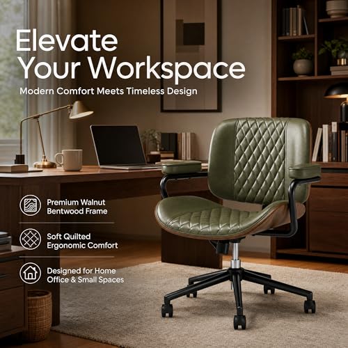Home Office Desk Chair with Wheels, Armless Adjustable Height PU Leather Office Chair, Mid Back Ergonomic Computer Chair, Walnut Curved Seat Design No-Arm Chair (GX-9006-Armrests-Green) - color: Gx-9006-armrests-green