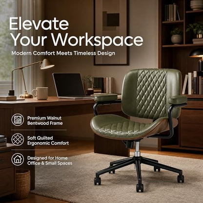 Home Office Desk Chair with Wheels, Armless Adjustable Height PU Leather Office Chair, Mid Back Ergonomic Computer Chair, Walnut Curved Seat Design No-Arm Chair (GX-9006-Armrests-Green) - color: Gx-9006-armrests-green